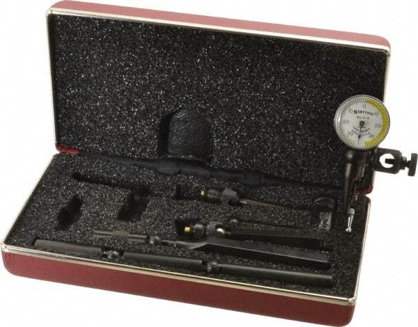 Starrett - 11 Piece, 0mm to 0.7mm Measuring Range, 15/16" Dial Diam, 0-35-0 Dial Reading, White & Yellow Dial Test Indicator Kit - 5/32" Contact Point Length, 0.9, 1.6 & 3mm Ball Diam, 0.01mm Dial Graduation - Caliber Tooling