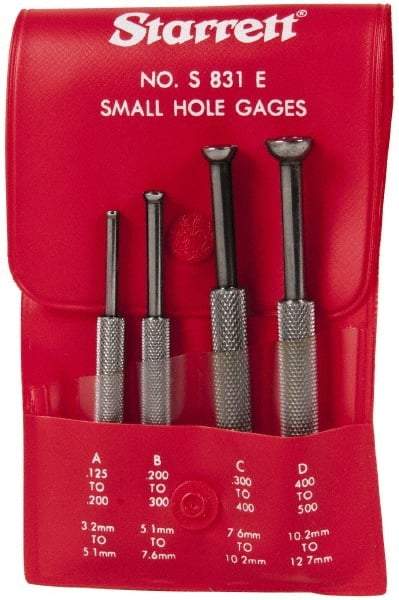 Starrett - 1/8 to 1/2 Inch Measurement, Small Hole Gage Set - 2-13/16, 3-1/8, 3-3/8 and 3-1/2 Inch Long, Half Ball, Includes Case - Caliber Tooling