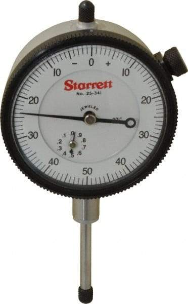 Starrett - 1" Range, 0-50-0 Dial Reading, 0.001" Graduation Dial Drop Indicator - 2-1/4" Dial, 0.1" Range per Revolution, Revolution Counter - Caliber Tooling