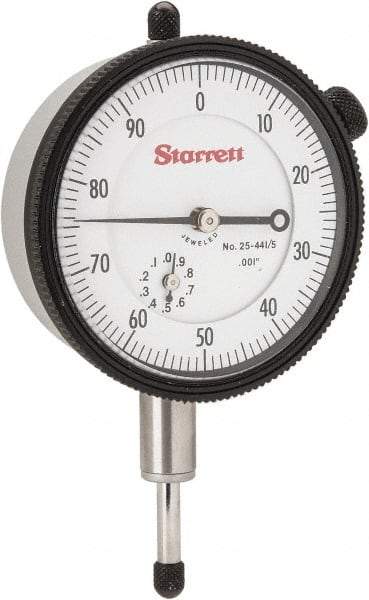 Starrett - 1/2" Range, 0-100 Dial Reading, 0.001" Graduation Dial Drop Indicator - 2-1/4" Dial, 0.1" Range per Revolution, Revolution Counter - Caliber Tooling