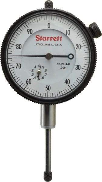 Starrett - 1" Range, 0-100 Dial Reading, 0.001" Graduation Dial Drop Indicator - 2-1/4" Dial, 0.1" Range per Revolution - Caliber Tooling