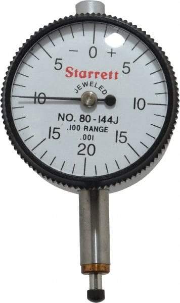 Starrett - 0.1" Range, 0-20-0 Dial Reading, 0.001" Graduation Dial Drop Indicator - 1-1/4" Dial, 0.04" Range per Revolution, Revolution Counter - Caliber Tooling