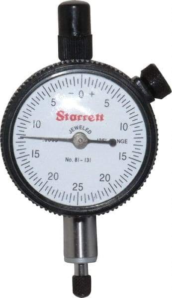 Starrett - 1/8" Range, 0-25-0 Dial Reading, 0.0005" Graduation Dial Drop Indicator - 1-11/16" Dial, 0.05" Range per Revolution, Revolution Counter - Caliber Tooling