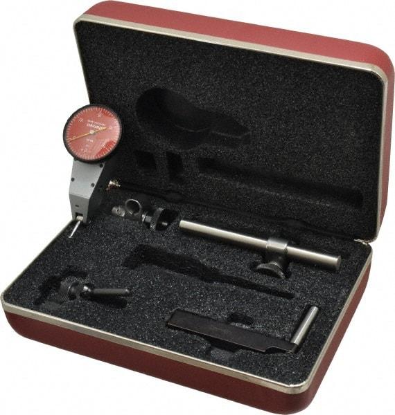 Starrett - 7 Piece, 0" to 0.03" Measuring Range, 1-3/8" Dial Diam, 0-15-0 Dial Reading, Red Dial Test Indicator Kit - 5/8" Contact Point Length, 2mm Ball Diam, 0.0005" Dial Graduation - Caliber Tooling