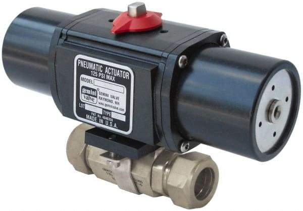 Gemini Valve - 1/2" Pipe, 1,000 psi WOG Rating Stainless Steel Pneumatic Spring Return with Solenoid Actuated Ball Valve - Reinforced PTFE Seal, Standard Port - Caliber Tooling