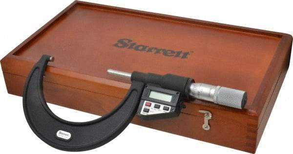 Starrett - 3 to 4" Range, 0.0001" Resolution, Standard Throat, Electronic Outside Micrometer - 0.0002" Accuracy, Friction Thimble, Micro Lapped Carbide Face, CR2450 Battery, Data Output, Includes 3V Battery - Caliber Tooling