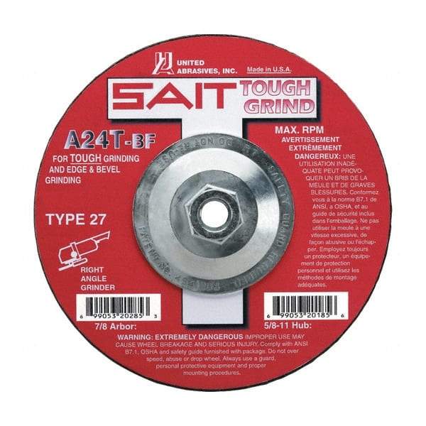 Sait - 24 Grit, 7" Wheel Diam, 1/4" Wheel Thickness, Type 27 Depressed Center Wheel - Aluminum Oxide, Resinoid Bond, T Hardness, 8,500 Max RPM, Compatible with Angle Grinder - Caliber Tooling