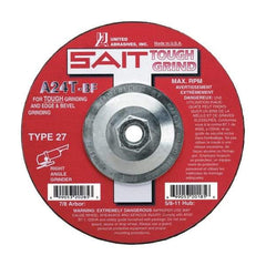 Sait - 24 Grit, 7" Wheel Diam, 1/4" Wheel Thickness, Type 27 Depressed Center Wheel - Aluminum Oxide, Resinoid Bond, T Hardness, 8,500 Max RPM, Compatible with Angle Grinder - Caliber Tooling