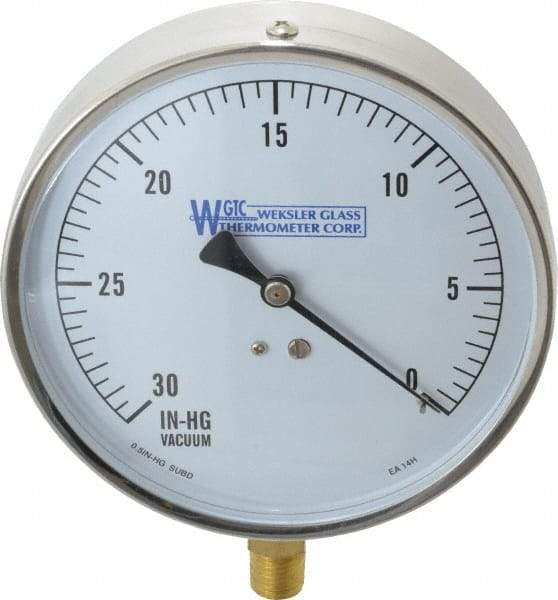 WGTC - 4-1/2" Dial, 1/4 Thread, 30-0 Scale Range, Pressure Gauge - Lower Connection Mount, Accurate to 1% of Scale - Caliber Tooling