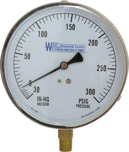 WGTC - 4-1/2" Dial, 1/4 Thread, 30-0-300 Scale Range, Pressure Gauge - Lower Connection Mount, Accurate to 1% of Scale - Caliber Tooling