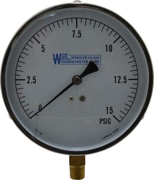 WGTC - 4-1/2" Dial, 1/4 Thread, 0-15 Scale Range, Pressure Gauge - Lower Connection Mount, Accurate to 1% of Scale - Caliber Tooling