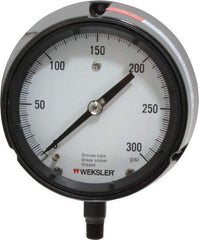 Made in USA - 4-1/2" Dial, 1/4 Thread, 0-300 Scale Range, Pressure Gauge - Lower Connection Mount, Accurate to 1% of Scale - Caliber Tooling