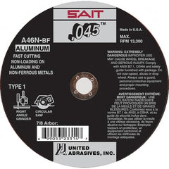 Sait - 6" 46 Grit Aluminum Oxide Cutoff Wheel - 0.045" Thick, 7/8" Arbor, 10,200 Max RPM, Use with Angle Grinders - Caliber Tooling