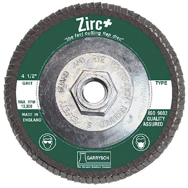 Garryson - 60 Grit, 4-1/2" Disc Diam, 5/8-11 Center Hole, Type 29 Zirconia Alumina Flap Disc - 13,300 Max RPM, Fiberglass Backing, Arbor Attaching System, Coated - Caliber Tooling