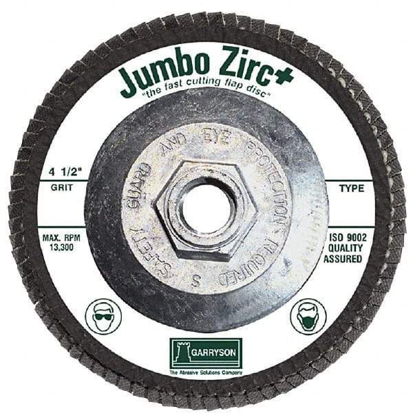 Garryson - 36 Grit, 7" Disc Diam, 5/8-11 Center Hole, Type 29 Zirconia Alumina Flap Disc - 8,600 Max RPM, Fiberglass Backing, Arbor Attaching System, Coated - Caliber Tooling