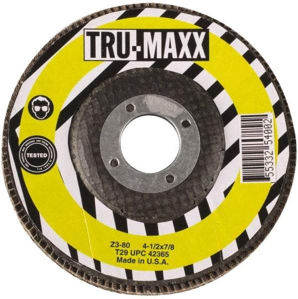 Tru-Maxx - 36 Grit, 4-1/2" Disc Diam, 7/8" Center Hole, Type 29 Flap Disc - 13,300 Max RPM, Arbor Attaching System, Coated - Caliber Tooling