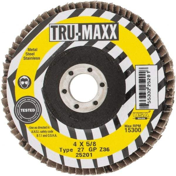 Tru-Maxx - 36 Grit, 4" Disc Diam, 5/8" Center Hole, Type 27 Zirconia Alumina Flap Disc - 15,300 Max RPM, Arbor Attaching System, Coated - Caliber Tooling