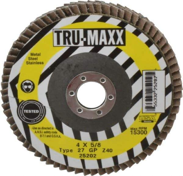 Tru-Maxx - 40 Grit, 4" Disc Diam, 5/8" Center Hole, Type 27 Zirconia Alumina Flap Disc - 15,300 Max RPM, Arbor Attaching System, Coated - Caliber Tooling