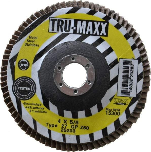 Tru-Maxx - 60 Grit, 4" Disc Diam, 5/8" Center Hole, Type 27 Zirconia Alumina Flap Disc - 15,300 Max RPM, Arbor Attaching System, Coated - Caliber Tooling