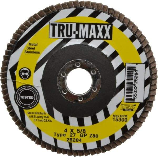 Tru-Maxx - 80 Grit, 4" Disc Diam, 5/8" Center Hole, Type 27 Zirconia Alumina Flap Disc - 15,300 Max RPM, Arbor Attaching System, Coated - Caliber Tooling