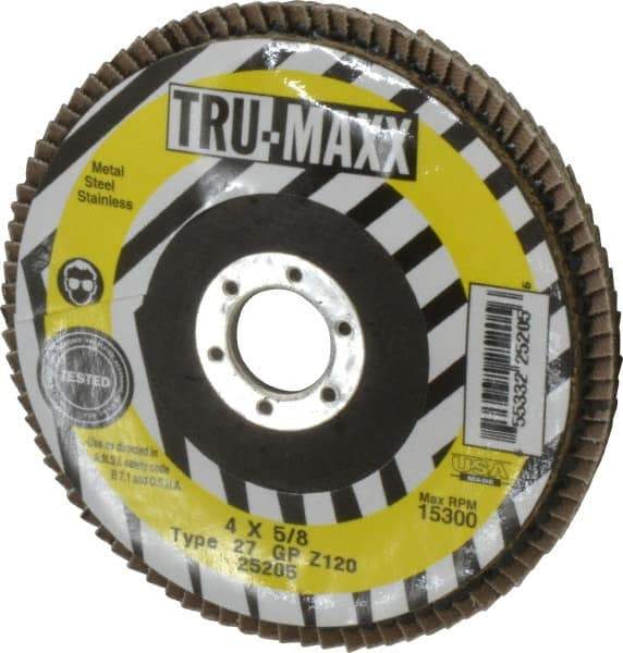 Tru-Maxx - 120 Grit, 4" Disc Diam, 5/8" Center Hole, Type 27 Zirconia Alumina Flap Disc - 15,300 Max RPM, Arbor Attaching System, Coated - Caliber Tooling