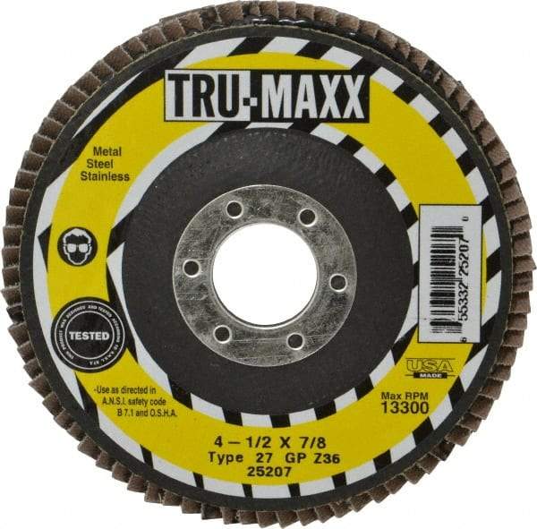 Tru-Maxx - 36 Grit, 4-1/2" Disc Diam, 7/8" Center Hole, Type 27 Zirconia Alumina Flap Disc - 13,300 Max RPM, Arbor Attaching System, Coated - Caliber Tooling