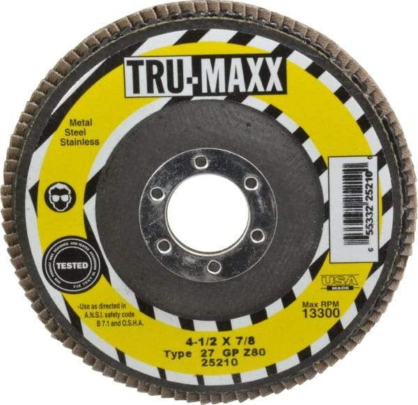 Tru-Maxx - 80 Grit, 4-1/2" Disc Diam, 7/8" Center Hole, Type 27 Zirconia Alumina Flap Disc - 13,300 Max RPM, Arbor Attaching System, Coated - Caliber Tooling