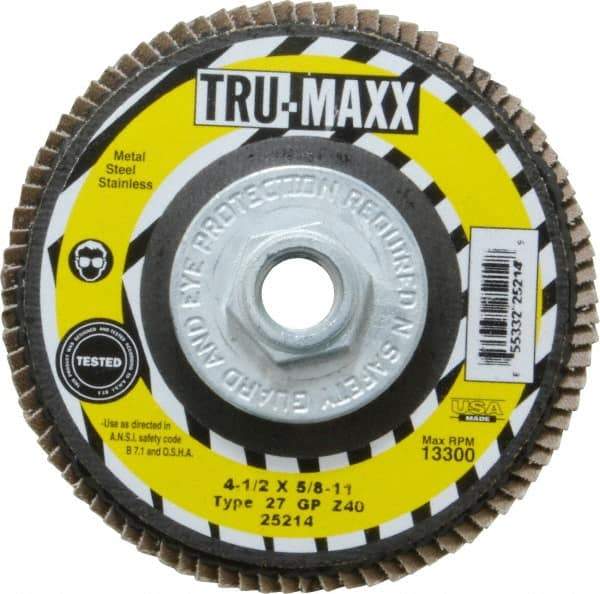 Tru-Maxx - 40 Grit, 4-1/2" Disc Diam, 5/8-11 Center Hole, Type 27 Zirconia Alumina Flap Disc - 13,300 Max RPM, Arbor Attaching System, Coated - Caliber Tooling