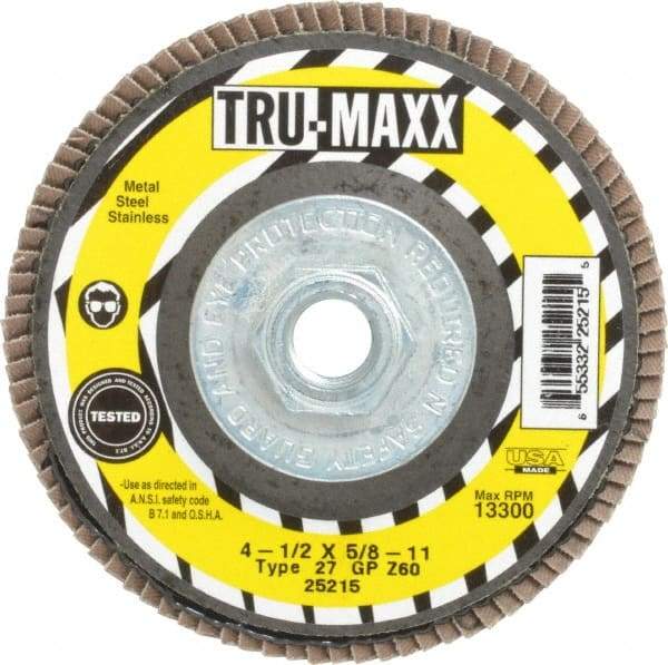 Tru-Maxx - 60 Grit, 4-1/2" Disc Diam, 5/8-11 Center Hole, Type 27 Zirconia Alumina Flap Disc - 13,300 Max RPM, Arbor Attaching System, Coated - Caliber Tooling