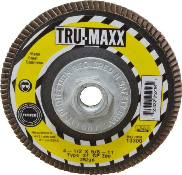 Tru-Maxx - 80 Grit, 4-1/2" Disc Diam, 5/8-11 Center Hole, Type 27 Zirconia Alumina Flap Disc - 13,300 Max RPM, Arbor Attaching System, Coated - Caliber Tooling