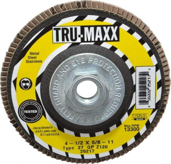 Tru-Maxx - 120 Grit, 4-1/2" Disc Diam, 5/8-11 Center Hole, Type 27 Zirconia Alumina Flap Disc - 13,300 Max RPM, Arbor Attaching System, Coated - Caliber Tooling