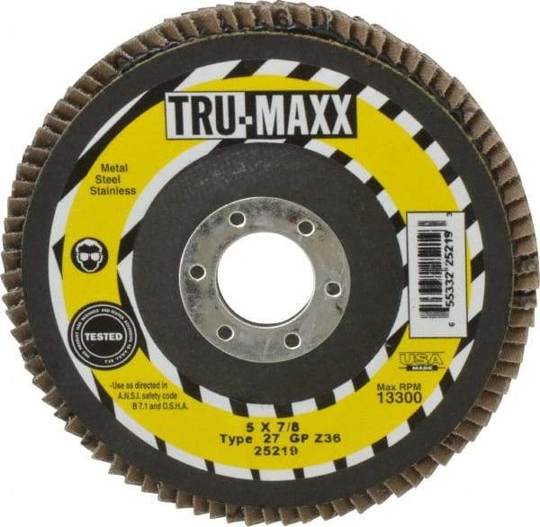 Tru-Maxx - 36 Grit, 5" Disc Diam, 7/8" Center Hole, Type 27 Zirconia Alumina Flap Disc - 12,200 Max RPM, Arbor Attaching System, Coated - Caliber Tooling