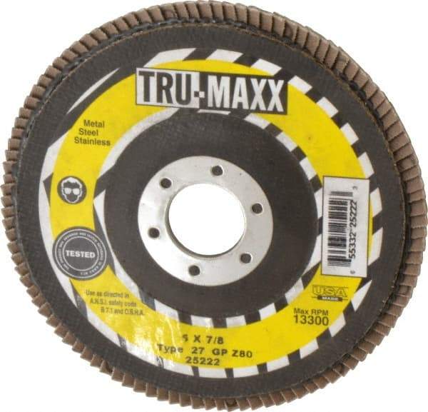 Tru-Maxx - 80 Grit, 5" Disc Diam, 7/8" Center Hole, Type 27 Zirconia Alumina Flap Disc - 12,200 Max RPM, Arbor Attaching System, Coated - Caliber Tooling