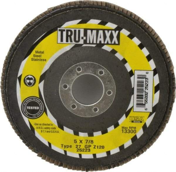 Tru-Maxx - 120 Grit, 5" Disc Diam, 7/8" Center Hole, Type 27 Zirconia Alumina Flap Disc - 12,200 Max RPM, Arbor Attaching System, Coated - Caliber Tooling