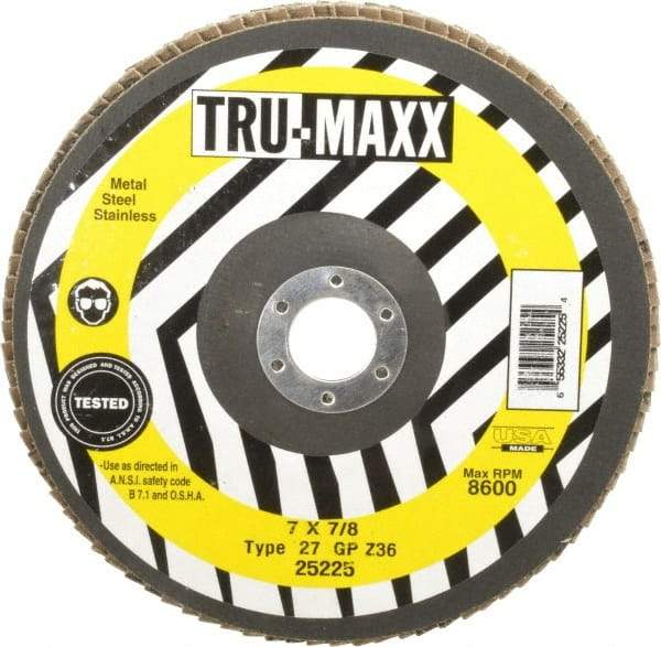 Tru-Maxx - 36 Grit, 7" Disc Diam, 7/8" Center Hole, Type 27 Zirconia Alumina Flap Disc - 8,600 Max RPM, Arbor Attaching System, Coated - Caliber Tooling