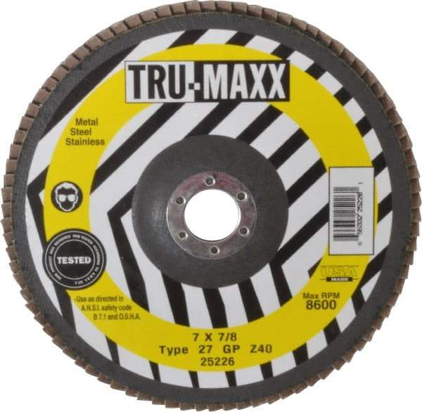 Tru-Maxx - 40 Grit, 7" Disc Diam, 7/8" Center Hole, Type 27 Zirconia Alumina Flap Disc - 8,600 Max RPM, Arbor Attaching System, Coated - Caliber Tooling