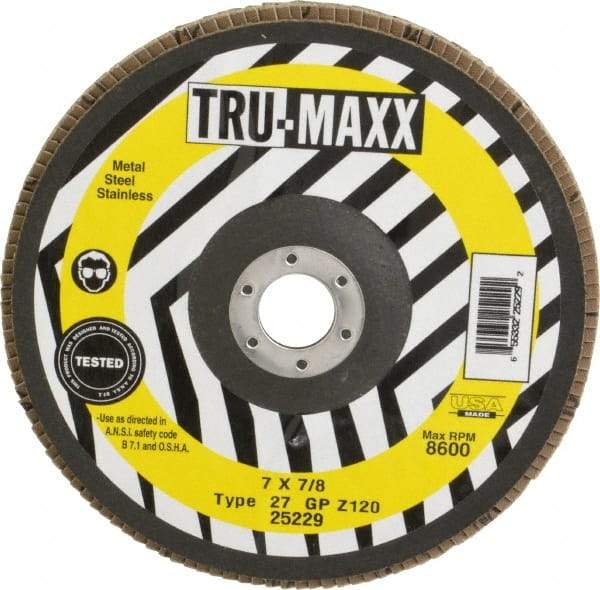 Tru-Maxx - 120 Grit, 7" Disc Diam, 7/8" Center Hole, Type 27 Zirconia Alumina Flap Disc - 8,600 Max RPM, Arbor Attaching System, Coated - Caliber Tooling