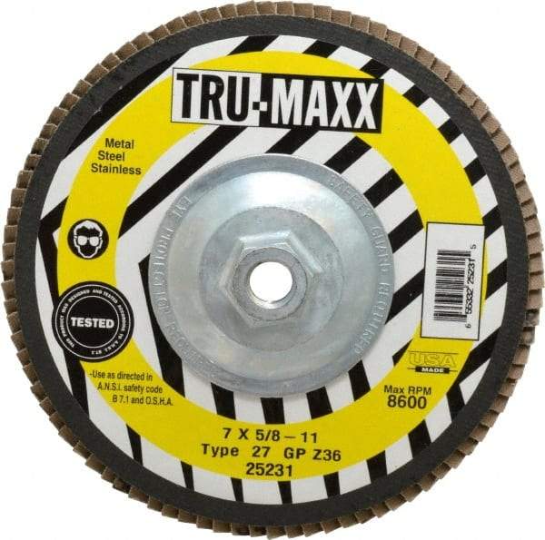 Tru-Maxx - 36 Grit, 7" Disc Diam, 5/8-11 Center Hole, Type 27 Zirconia Alumina Flap Disc - 8,600 Max RPM, Arbor Attaching System, Coated - Caliber Tooling