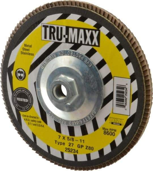 Tru-Maxx - 80 Grit, 7" Disc Diam, 5/8-11 Center Hole, Type 27 Zirconia Alumina Flap Disc - 8,600 Max RPM, Arbor Attaching System, Coated - Caliber Tooling