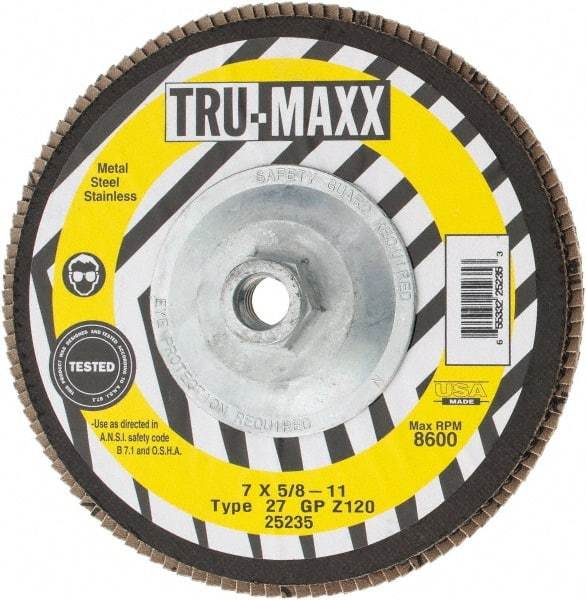 Tru-Maxx - 120 Grit, 7" Disc Diam, 5/8-11 Center Hole, Type 27 Zirconia Alumina Flap Disc - 8,600 Max RPM, Arbor Attaching System, Coated - Caliber Tooling