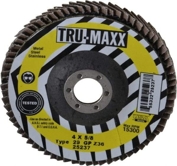 Tru-Maxx - 36 Grit, 4" Disc Diam, 5/8" Center Hole, Type 29 Zirconia Alumina Flap Disc - 15,300 Max RPM, Arbor Attaching System, Coated - Caliber Tooling