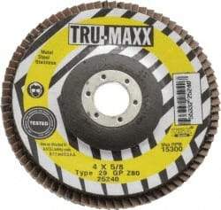 Tru-Maxx - 80 Grit, 4" Disc Diam, 5/8" Center Hole, Type 29 Zirconia Alumina Flap Disc - 15,300 Max RPM, Arbor Attaching System, Coated - Caliber Tooling