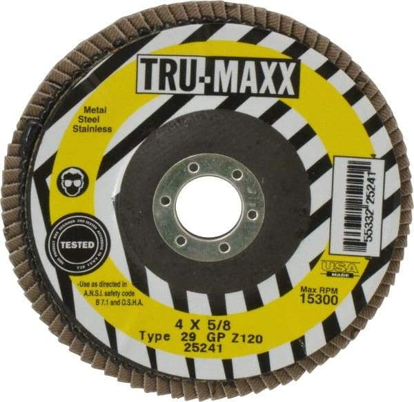 Tru-Maxx - 120 Grit, 4" Disc Diam, 5/8" Center Hole, Type 29 Zirconia Alumina Flap Disc - 15,300 Max RPM, Arbor Attaching System, Coated - Caliber Tooling