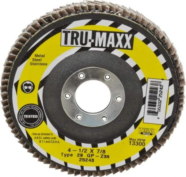 Tru-Maxx - 36 Grit, 4-1/2" Disc Diam, 7/8" Center Hole, Type 29 Zirconia Alumina Flap Disc - 13,300 Max RPM, Arbor Attaching System, Coated - Caliber Tooling