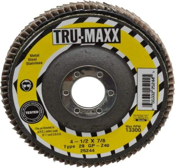 Tru-Maxx - 40 Grit, 4-1/2" Disc Diam, 7/8" Center Hole, Type 29 Zirconia Alumina Flap Disc - 13,300 Max RPM, Arbor Attaching System, Coated - Caliber Tooling