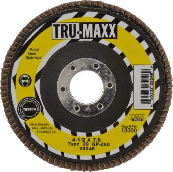 Tru-Maxx - 60 Grit, 4-1/2" Disc Diam, 7/8" Center Hole, Type 29 Zirconia Alumina Flap Disc - 13,300 Max RPM, Arbor Attaching System, Coated - Caliber Tooling