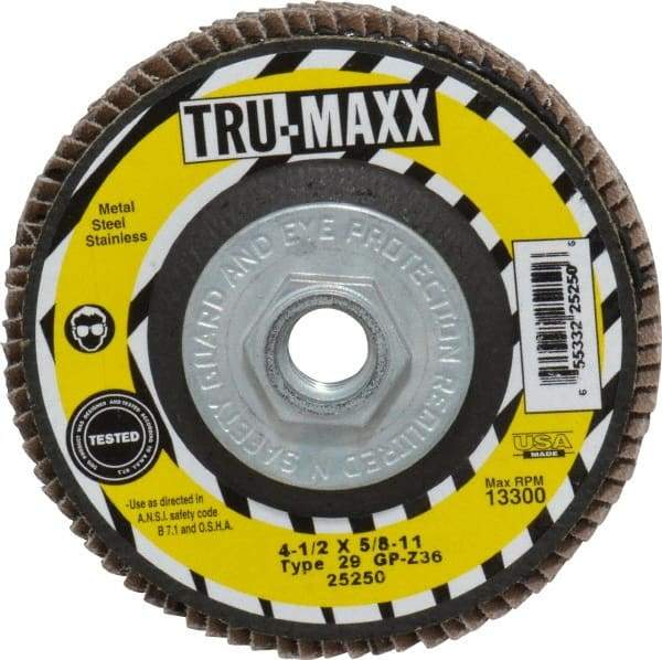 Tru-Maxx - 36 Grit, 4-1/2" Disc Diam, 5/8-11 Center Hole, Type 29 Zirconia Alumina Flap Disc - 13,300 Max RPM, Arbor Attaching System, Coated - Caliber Tooling