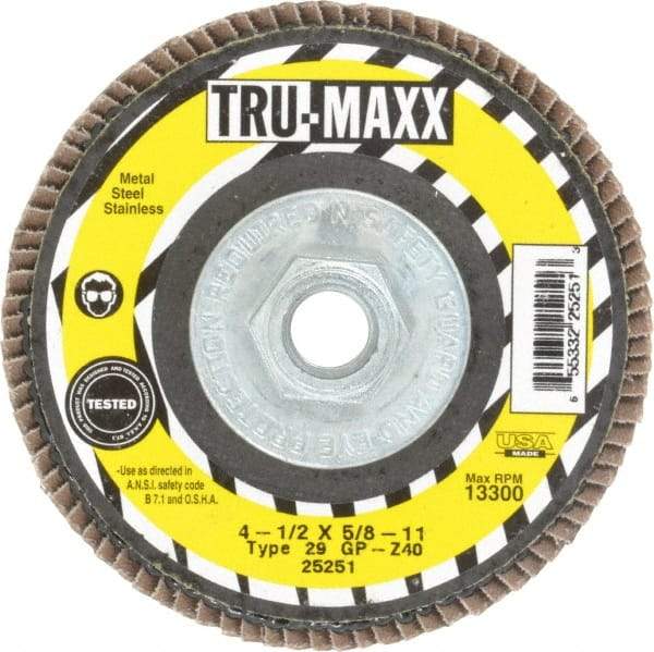 Tru-Maxx - 40 Grit, 4-1/2" Disc Diam, 5/8-11 Center Hole, Type 29 Zirconia Alumina Flap Disc - 13,300 Max RPM, Arbor Attaching System, Coated - Caliber Tooling