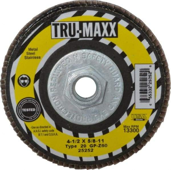 Tru-Maxx - 60 Grit, 4-1/2" Disc Diam, 5/8-11 Center Hole, Type 29 Zirconia Alumina Flap Disc - 13,300 Max RPM, Arbor Attaching System, Coated - Caliber Tooling