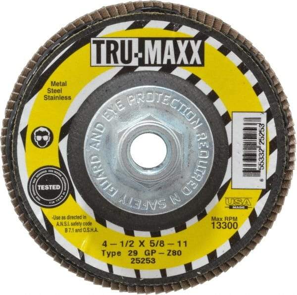 Tru-Maxx - 80 Grit, 4-1/2" Disc Diam, 5/8-11 Center Hole, Type 29 Zirconia Alumina Flap Disc - 13,300 Max RPM, Arbor Attaching System, Coated - Caliber Tooling